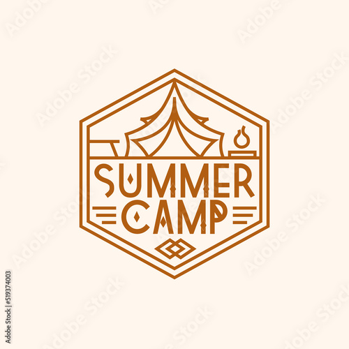 Summer camp logo consisting of tent and campfire line style isolated on background for camping logotype, explore emblem, hiking sticker, tourist symbol, travel badge, expedition label, poster, t-shirt