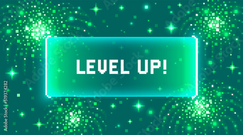Web banner with phrase Level UP. Sci-fi screen background with neon design