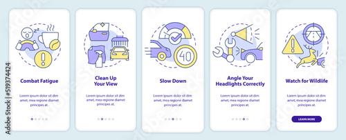 Driving safety at night onboarding mobile app screen. Walkthrough 5 steps editable graphic instructions with linear concepts. UI, UX, GUI template. Myriad Pro-Bold, Regular fonts used