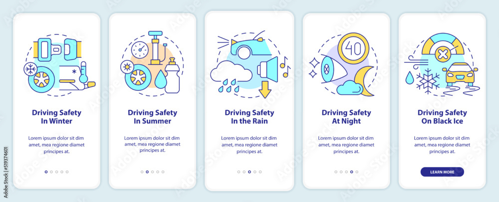Situational driving safety onboarding mobile app screen. Walkthrough 5 steps editable graphic instructions with linear concepts. UI, UX, GUI template. Myriad Pro-Bold, Regular fonts used