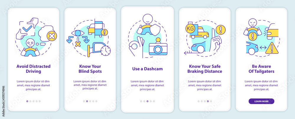 Driving safety rules for commercial drivers onboarding mobile app screen. Walkthrough 5 steps editable instructions with linear concepts. UI, UX, GUI template. Myriad Pro-Bold, Regular fonts used