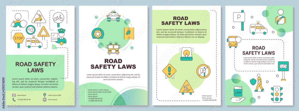 Road safety laws green brochure template. Driving regulations. Leaflet design with linear icons. Editable 4 vector layouts for presentation, annual reports. Arial-Bold, Myriad Pro-Regular fonts used