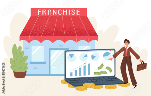 Businessman sells franchise. Sale and purchase of franchise. Financial success. Franchising system. Flat graphic vector illustration