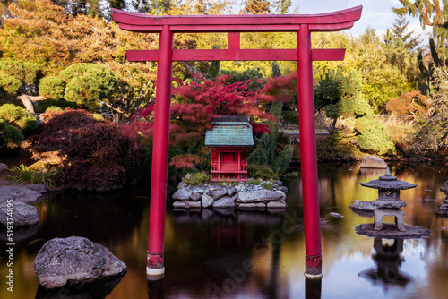 Red Torii Gate and Pagoda in Japanese Garden Pond in Point Defiance Park, Tacoma, WA