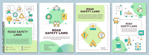 Road safety laws green brochure template. Driving regulations. Leaflet design with linear icons. Editable 4 vector layouts for presentation, annual reports. Arial-Bold, Myriad Pro-Regular fonts used