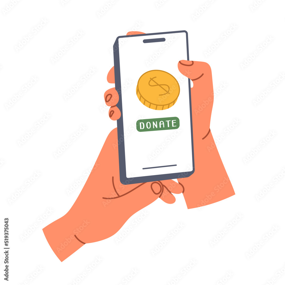 Clicking Donate button on phone screen in mobile donation app. Charitable organization. Online help concept. Money and Financial Concepts. Flat vector illustration isolated on white background