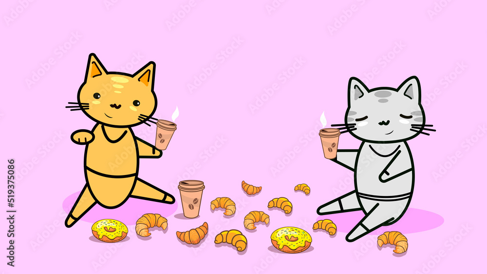 Funny animals. Little kittens drink coffee with croissants and donuts.