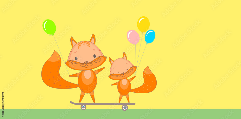 Fototapeta premiumFunny animals, Two little foxes riding a skateboard. Cartoon-style illustration.