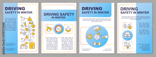 Driving safety in winter blue brochure template. Leaflet design with linear icons. Editable 4 vector layouts for presentation, annual reports. Arial-Black, Myriad Pro-Regular fonts used