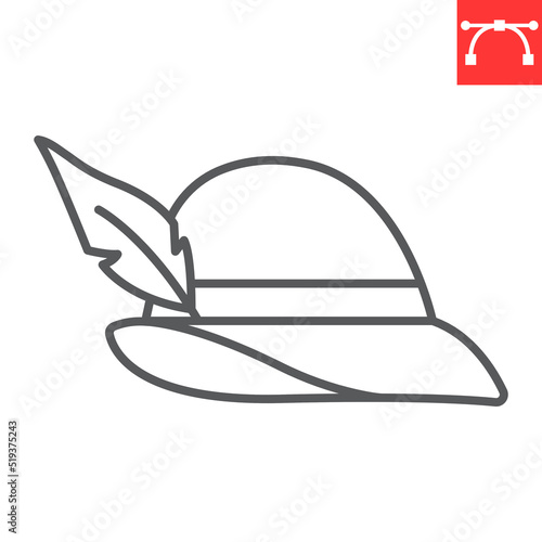 Tyrolean hat line icon, beverage and oktoberfest hat, germany hat vector icon, vector graphics, editable stroke outline sign, eps 10.