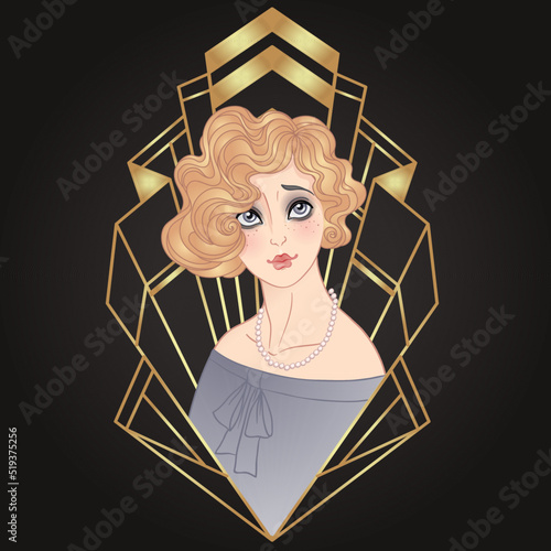 Art Deco vintage illustration of flapper girl. Retro party character in 1920s style. Vector design for glamour event or jazz party.