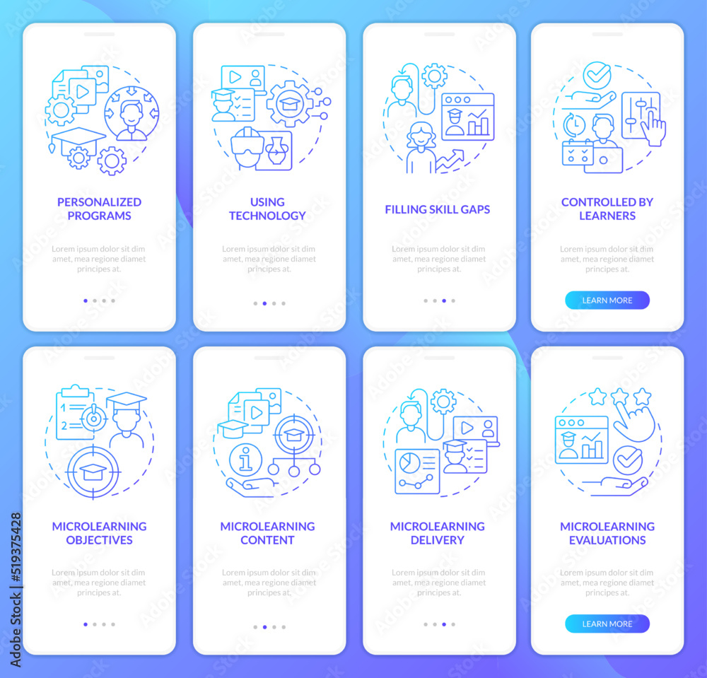 Style of delivering education blue gradient onboarding mobile app screen set. Walkthrough 4 steps graphic instructions with linear concepts. UI, UX, GUI template. Myriad Pro-Bold, Regular fonts used