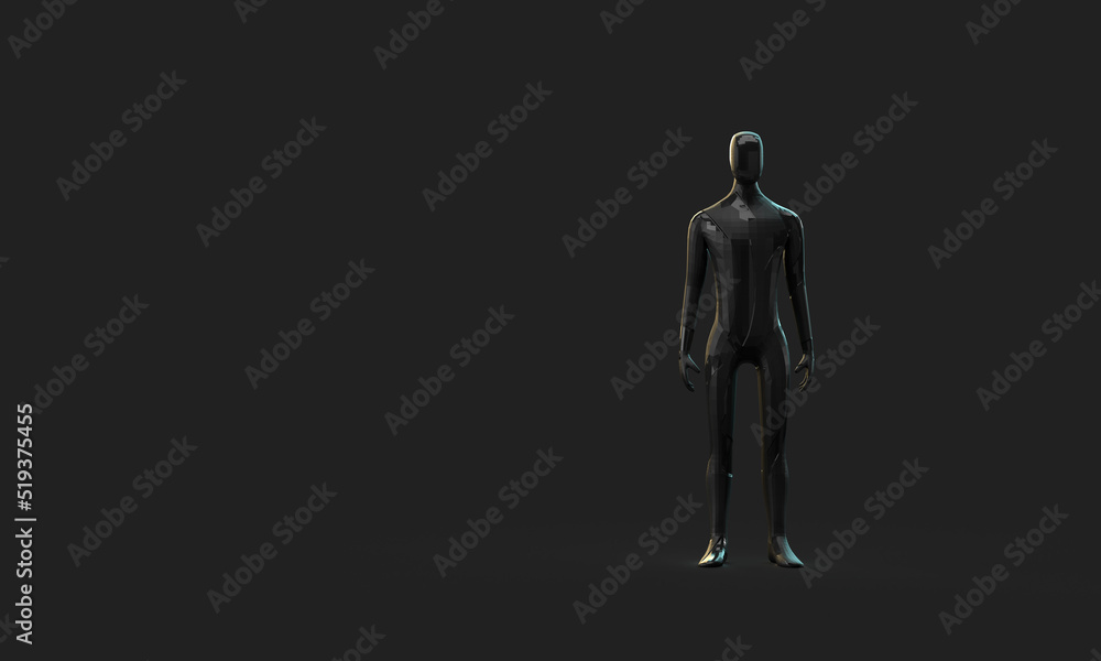Fototapeta premium A dark man on a dark background. Dark superhero costume, innovation costume. 3d rendering on the topic of people, office, business. Dark background.