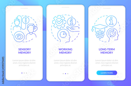 Effective knowledge retention blue gradient onboarding mobile app screen. Walkthrough 3 steps graphic instructions with linear concepts. UI, UX, GUI template. Myriad Pro-Bold, Regular fonts used