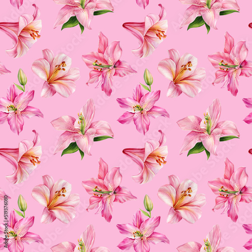 Flower seamless pattern. Hand drawn lily, watercolor flora on pink background