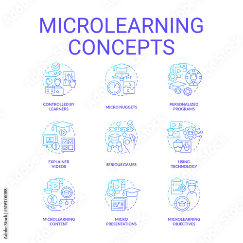 Microlearning blue gradient concept icons set. Effective educational approach idea thin line color illustrations. Personalized programs. Isolated symbols. Roboto-Medium, Myriad Pro-Bold fonts used