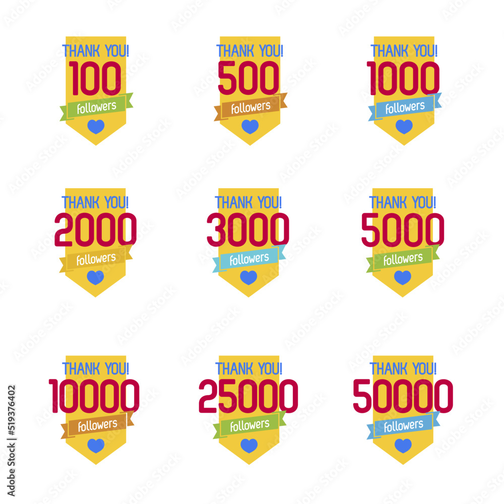 Thank you for followers color label set. Flat style design illustration icon. Vector Illustration