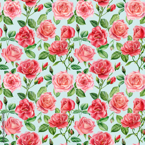 Seamless watercolor floral pattern. Rose flower, pink blush flowers