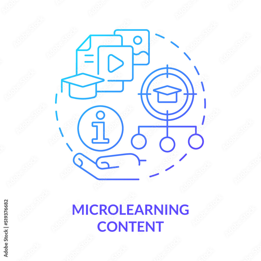 Microlearning content blue gradient concept icon. Micro learning component abstract idea thin line illustration. Short elearning sessions. Isolated outline drawing. Myriad Pro-Bold font used Microlearning content blue gradient concept icon. Micro learning component abstract idea thin line illustration. Short elearning sessions. Isolated outline drawing. Myriad Pro-Bold font used