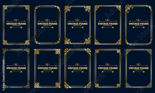 Set of rectangular gold frame decoration, vintage calligraphy border frame, luxury, elegant design, vector illustration