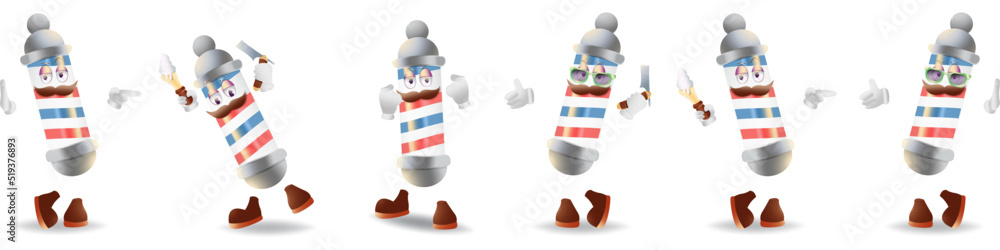 Fototapeta premium Set of barber pole characters standing in different poses. Barbershop mascot. Stock vector illustration of barber pole cartoon character. Isolated background.