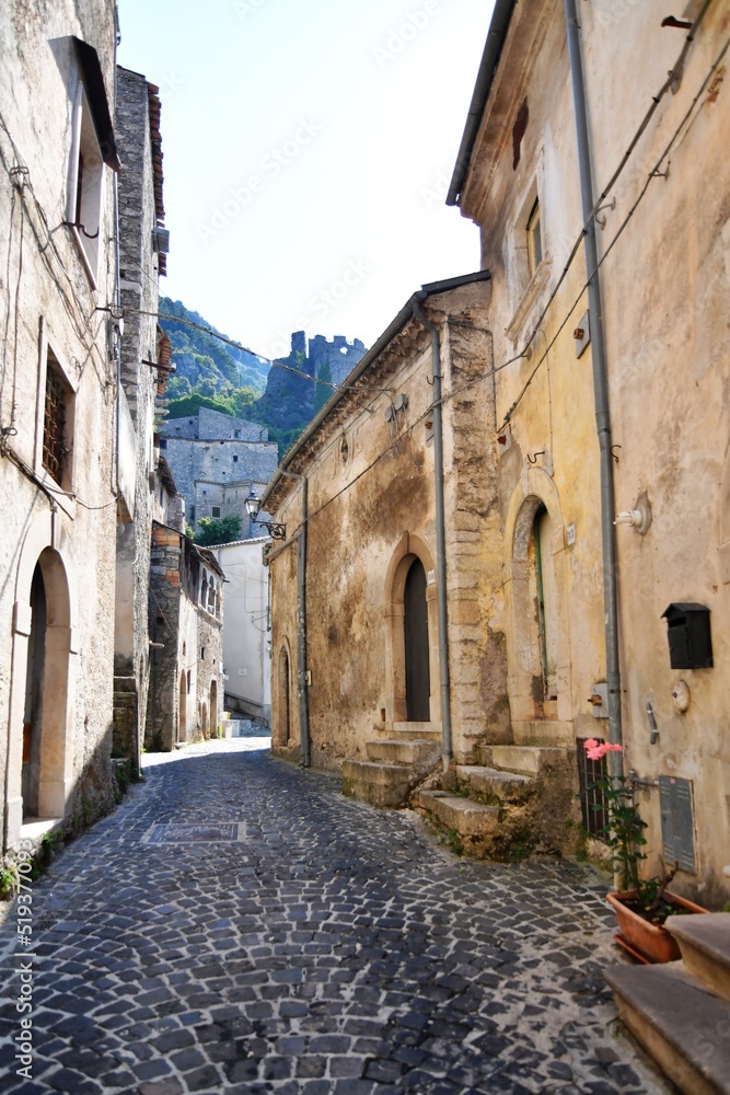 A narrow street in Pesche, a mountain village in the Molise region of Italy.