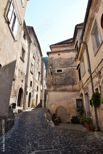 A narrow street in Pesche, a mountain village in the Molise region of Italy.