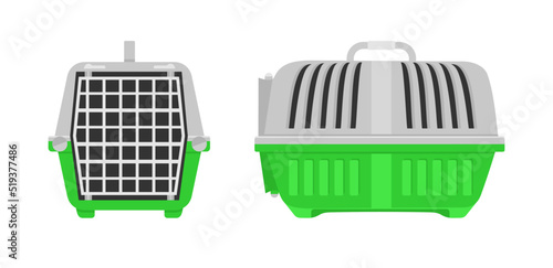 Front and side view of green and gray pet carrier isolated on white background. Vector illustration