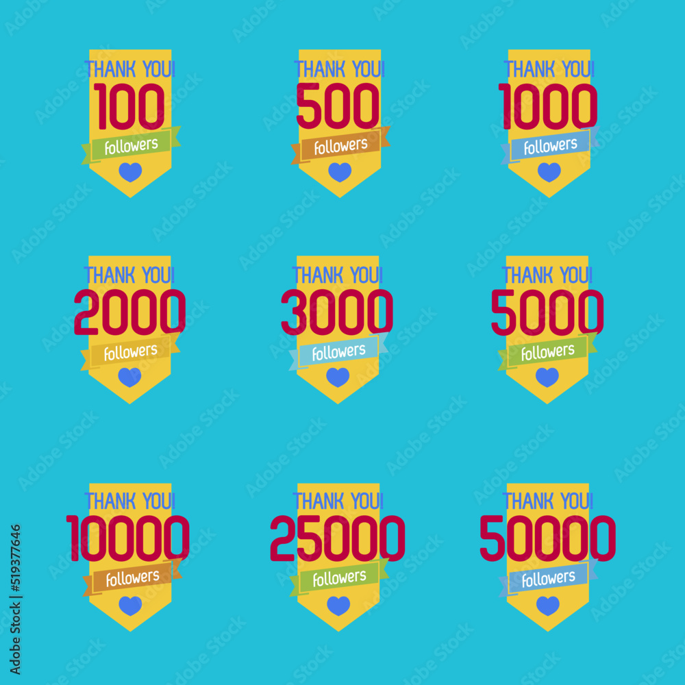 Thank you for followers color label set on blue background. Flat style design illustration icon. Vector Illustration