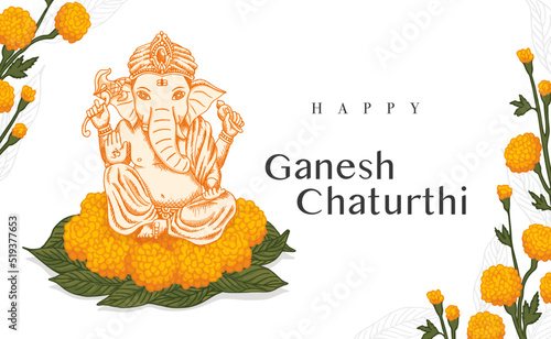 celebrate Ganesh Chaturthi elephant worship with worship  yellow flowers and mango leaf  retro old line art etching vector