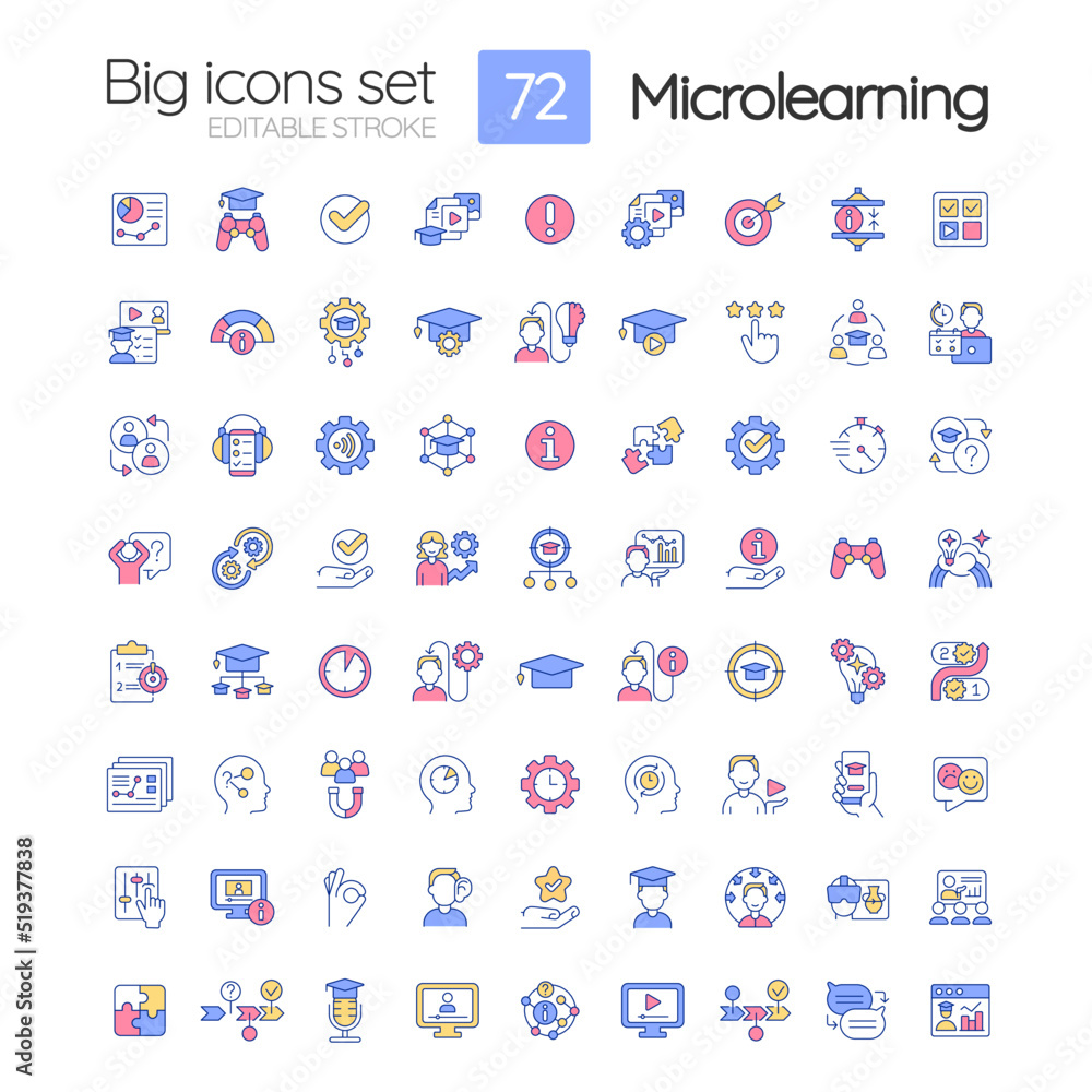 Fototapeta premium Microlearning approach RGB color icons set. Bite-sized learning strategy. Isolated vector illustrations. Simple filled line drawings collection. Editable stroke. Quicksand-Light font used