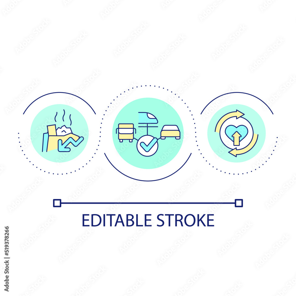 Urban pollution impact on health loop concept icon. Transport system in city. Garbage and smoke abstract idea thin line illustration. Isolated outline drawing. Editable stroke. Arial font used