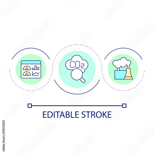 Scientific research of carbon pollutions loop concept icon. CO2 spreading in atmosphere. Industry abstract idea thin line illustration. Isolated outline drawing. Editable stroke. Arial font used