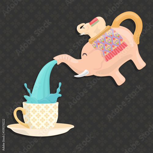 Thailand Elephant Water Pitcher Benjarong pour blue water into cup filigree decoration vector illustration