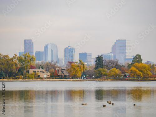 Denver city skyline from across Sloans Lake