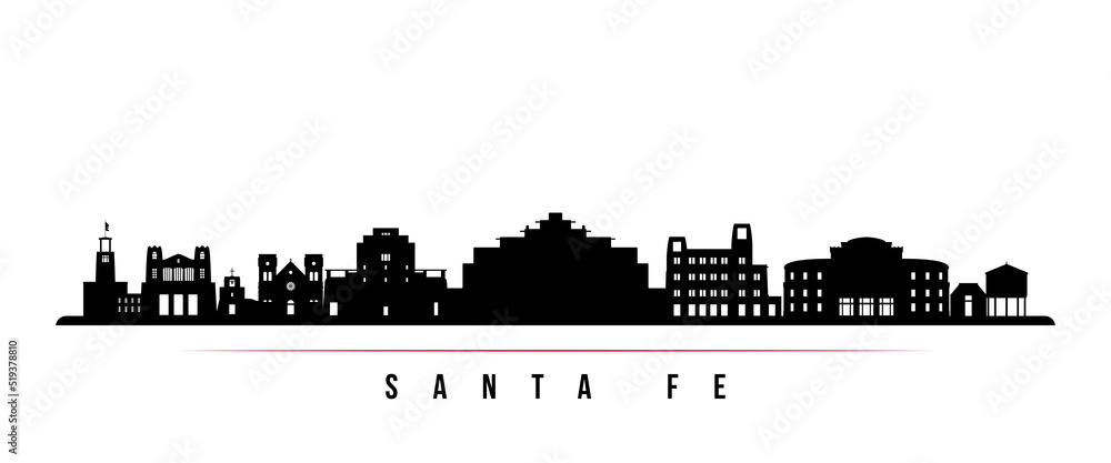 Santa Fe skyline horizontal banner. Black and white silhouette of Santa Fe, New Mexico. Vector template for your design.