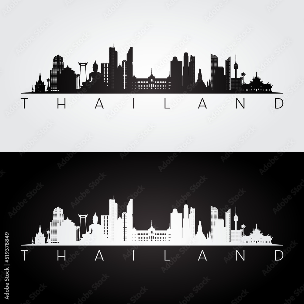 Thailand skyline and landmarks silhouette, black and white design, vector illustration.