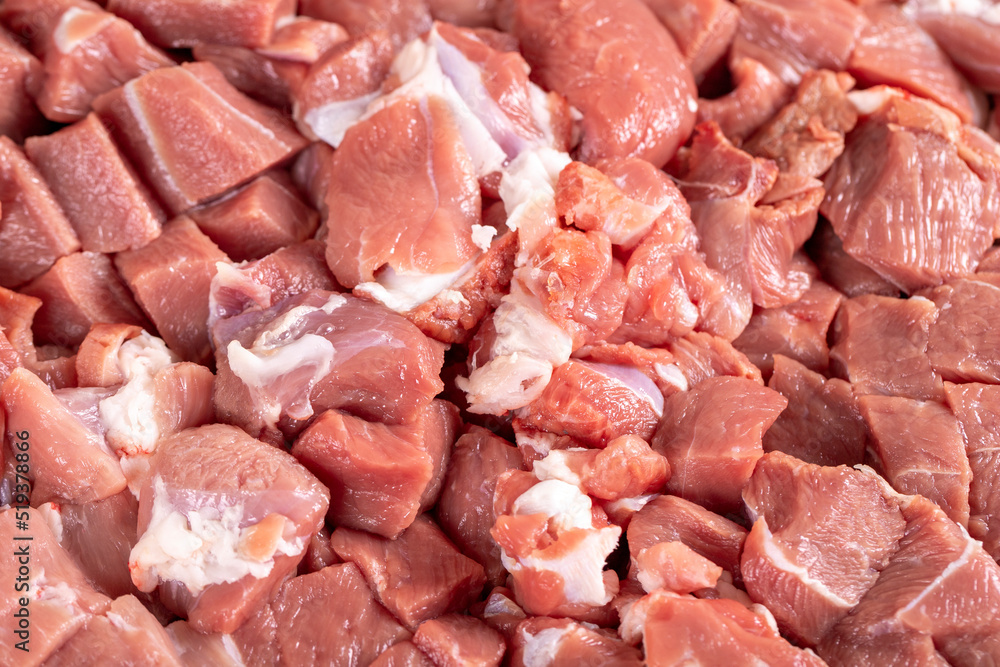 Lamb cubed meat. Close-up chopped red meat. Butcher products Lamb cubed meat. Close-up chopped red meat. Butcher products