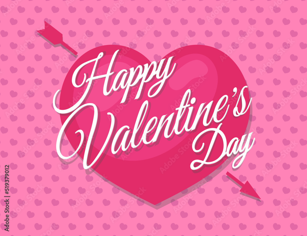 Happy Valentine's sign on heart pierced by an arrow on heart's background pink color. Vector illustration