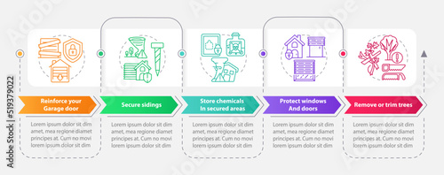 Prepare for tornado at home rectangle infographic template. Data visualization with 5 steps. Editable timeline info chart. Workflow layout with line icons. Myriad Pro-Bold, Regular fonts used