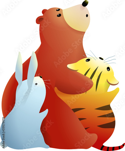 Cute teddy bear sitting hugging with little tiger and bunny, animals friends looking up. Friendship illustration for children. Isolated vector clip art.