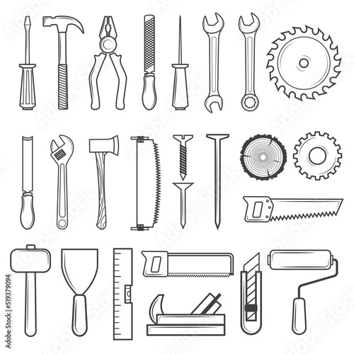 Set of icon tools line style for carpentry service, repair service, lumberjack, sawmill and woodwork isolated on white background. Vector illustration