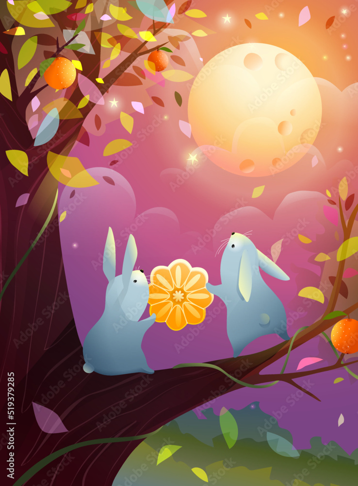 Choseok or mid autumn festival illustration with Rabbits holding a mooncake. Golden moon in Purple nature landscape, dreamy scenery. Illustrated vector dreamlike scene for chuseok.
