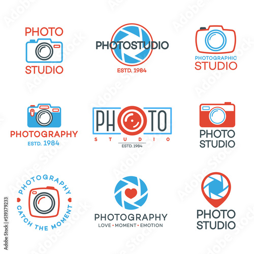 Set of photography logo and photo studio label color. Vector design elements, business signs, logos, identity, labels, badges and other branding objects for your business. Vector illustration