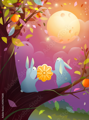Choseok or mid autumn festival illustration with Rabbits holding a mooncake. Golden moon in Purple nature landscape, dreamy scenery. Illustrated vector dreamlike scene for chuseok.