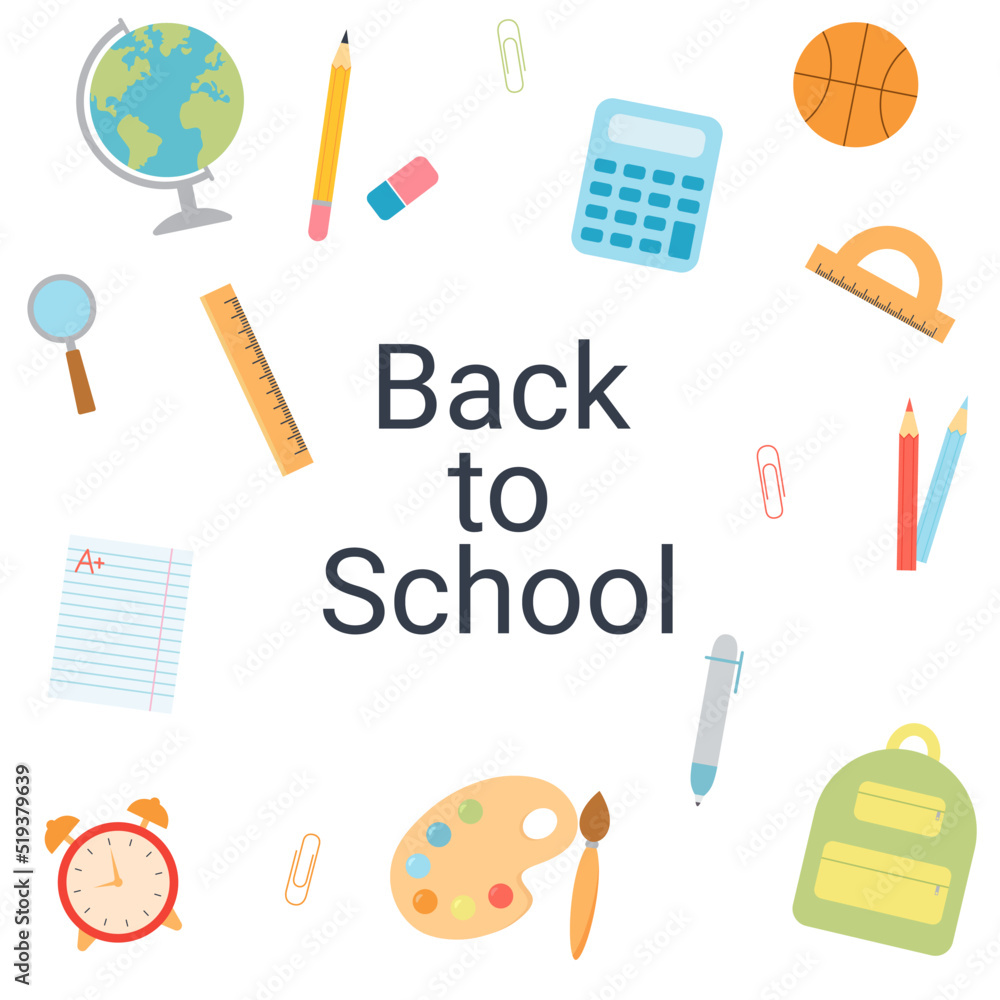 Back to school collection of supplies  for children. Cute colorful vector illustration.