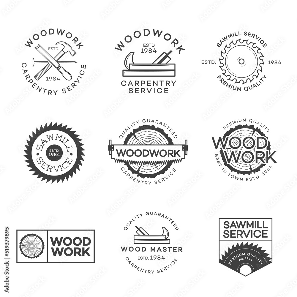 Set of carpentry service, sawmill and woodwork labels isolated on white background. Stamps, banners and design elements. Wood work and manufacture label templates. Vector illustration