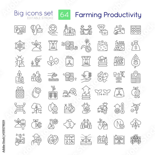 Farming productivity linear icons set. Agricultural business. Harvest. Customizable thin line symbols. Isolated vector outline illustrations. Editable stroke. Quicksand-Light font used