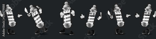 Set of barber pole characters standing in different poses. Barbershop mascot. Stock vector illustration of barber pole cartoon character. Isolated background.