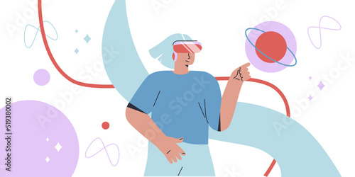 Metaverse digital cyber world technology, woman with virtual reality VR goggle playing AR augmented reality game and entertainment. Flat vector.